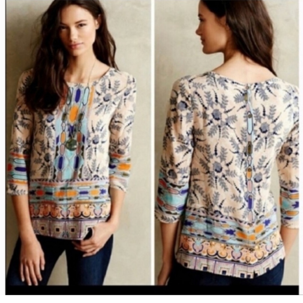 Maeve Anthropologie Silk Orange and Blue Blouse